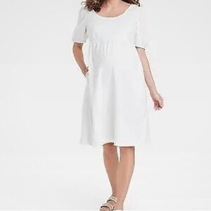 Isabel Maternity Linen Puff Sleeve Dress